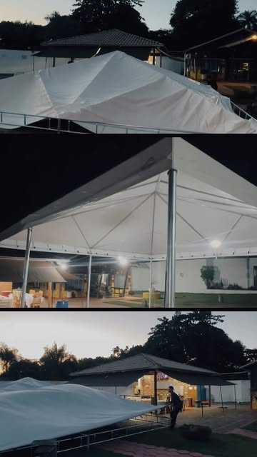 Sequência de fotos de tendas sendo montadas e iluminadas à noite